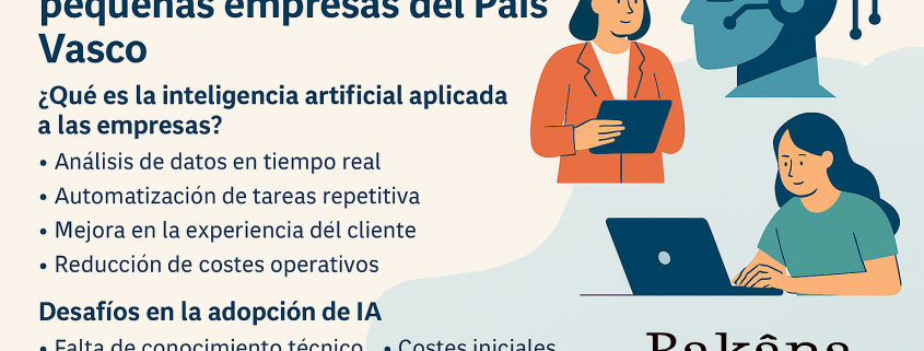 Infografía de Bakâna Gunea que explica cómo la inteligencia artificial beneficia a las pequeñas empresas del País Vasco. Muestra ventajas como el análisis de datos en tiempo real, la automatización de tareas, la mejora de la experiencia del cliente y los principales desafíos para su adopción, como la protección de datos y el coste inicial.
